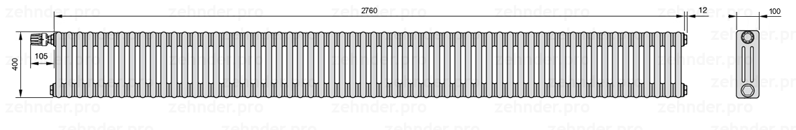 Схема (чертеж) Радиатор Zehnder Charleston 3040/60 №V011 Белый глянцевый RAL 9016